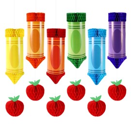 12pcs Crayon Pencil Apple Hanging Honeycomb Decorations, Welcome Back to School Honeycomb Lanterns Preschool Kindergarten Graduation Classroom Ceiling Decor Teacher Appreciation Party Supplies