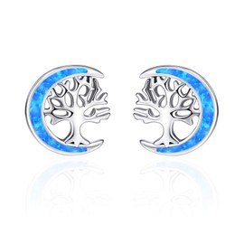 TANGPOET Tree of Life Earrings for Women 925 Sterling Silver Family Tree Stud Earring for Girls, Birthday Jewellery Gifts for Her, Blue Opal
