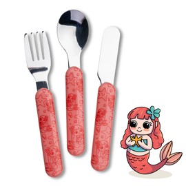 Fackelmann Set Posate Bambini 3 Pezzi – Forchetta, Cucchiaio e Coltello in Acciaio Inox con Manici Ergonomici, Design Sirena Color Apricot, Lavabili in Lavastoviglie, Sicure e Adatte ai Bambini