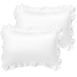 sourcing map Luxury Satin Oxford Pillowcases, Pair of 2 White Ruffled Pillow Shams 20 x 30 inch with Envelope Closure, Queen Size Pillow Cases Covers