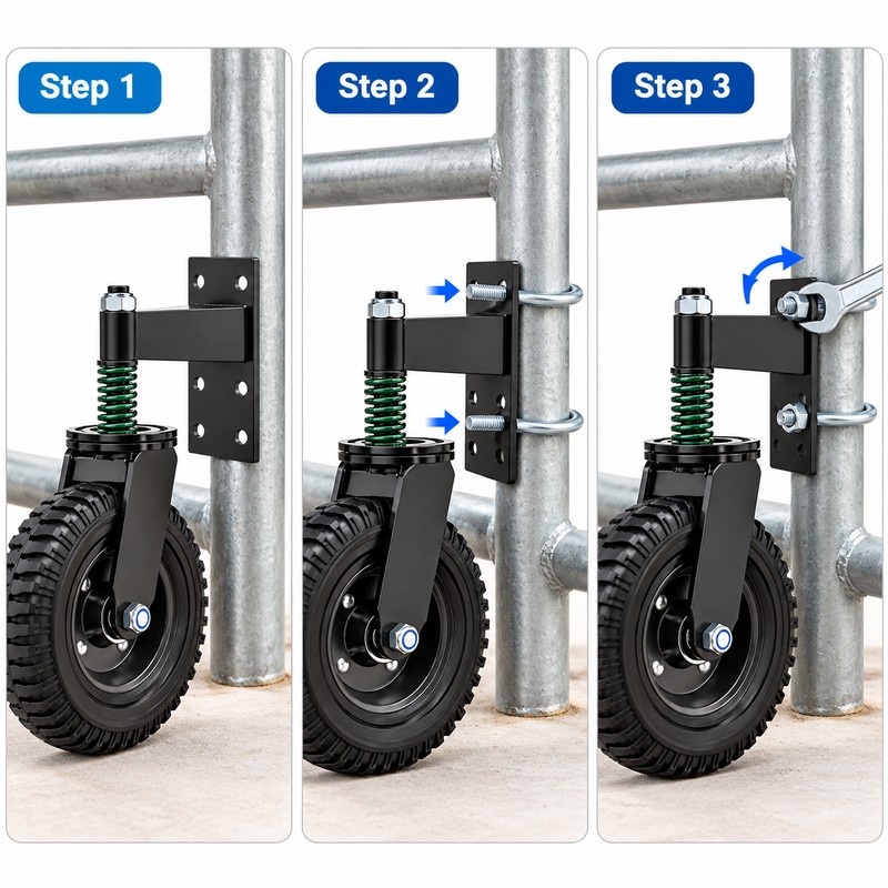 Heavy Duty 8-Inch Gate Support Wheel with Solid Rubber Roller,