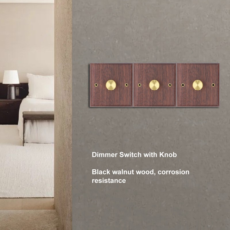 Dimmer Switch with Brass Knob Black Walnut Wood Rotary Dimming