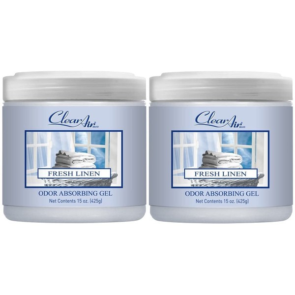 Clear Air Odor Absorber Gel - Air Freshener and Odor Eliminator - Absorbs Odors in Bathrooms, Cars and RVs - Made with Natural Essential Oils - 2 Pack (2 x 15 OZ) (Fresh Linen)