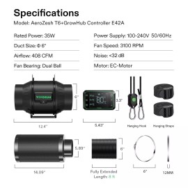 VIVOSUN AeroZesh T4/T6  Inline Duct Fan Smart Ventilation System For Grow Tent - T6 Smart Air Filtration Kit Pro w/ E42A