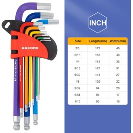 DAKCOS Hex Key Set, 9 Piece Allen Wrench Hex Key Set, Imperial Ball End Allen Key Set 1/16"-3/8", L-Key Set with Color Coding