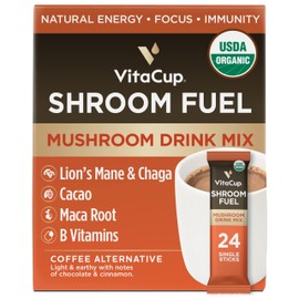 VitaCup Shroom Fuel, Mushroom Based Instant Coffee Alternative Packets, Mushroom Coffee Substitute w/Cacao, Cinnamon, Chaga, Lions Mane, & Maca for Energy, Immune Support, & Focus, 24ct