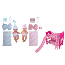 Baby Doll Set with Accessories, 2 Dolls, Bottles, Bedding, Bunk Bed with Slide