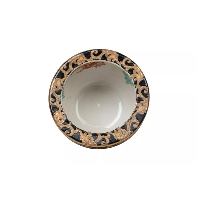Black and Gold Tapestry Porcelain Chinese Flower Bowl Planter 6”