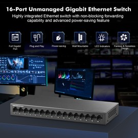 MokerLink 16 Port Gigabit Ethernet Switch, Fanless Metal Rack Mount Unmanaged Plug and Play Network Switch