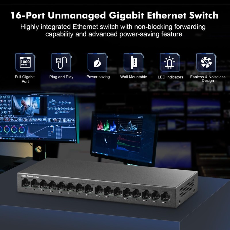 MokerLink 16 Port Gigabit Ethernet Switch, Fanless Metal Rack Mount