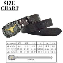 PACDE Western Cowboy Cow Head Flower Embossed Leather Men Belt Fashion Cow Head Buckle Jeans Causal Pants Men Belt(Coffee,for36-37" waist size)