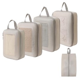 Miaglury 5 Set Compression Packing Cubes, Travel Packing Cubes for Suitcases Backpack, Expandable Travel Cubes & Compression Suitcase Organizers Bag Set with Shoes Bag for Carry On Luggage, Beige