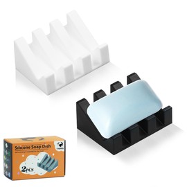 Coipdfty Soap Dishes, Silicone Shower Soap Dish with Drianage, Bar Soap Holder & Saver Waterfall Self-Draining to Keep Your Bar Soap Organized and Clean (2, Black&White)
