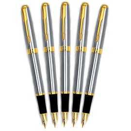 Gullor 5PCS Fountain Pens BE388 Gold Trim, Medium Nib, Silver