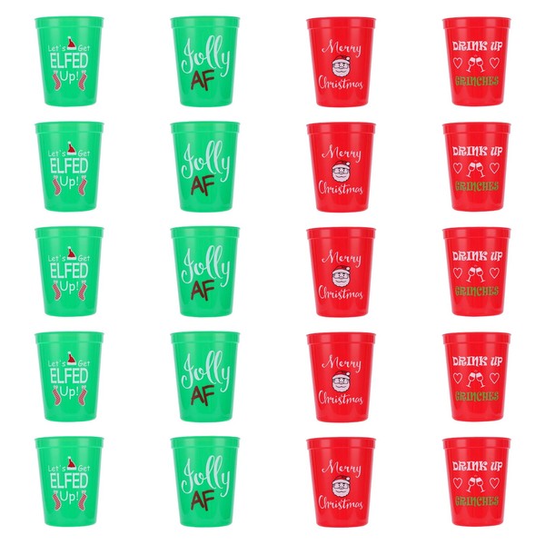 Christmas Plastic Party Cups - Set of 20 Red and Green 16oz Plastic Holiday Stadium Cups, 4 Festive Drinking Pun Designs, Perfect for Christmas Party Supplies