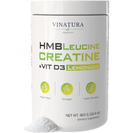 HMB Leucine Creatine Powder – 5g Creatine Monohydrate, 3g HMB, 3g L-Leucine with Vitamin D3 – Vegan Lemonade Flavor – Muscle & Strength Support – 30 Servings