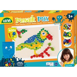 Lena 35594 Mosaic Plug-In Game Set, Mosaic with 400 Plugs, Mosaic Plug Diameter 5 mm, 10 mm and 15 mm, Mosaic Game for Children from 3 Years, Complete Set with Pegboard Approx. 28 x 19.5 cm and