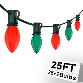 Oviejo Christmas C7 Red and Green String Lights, 25FT Red & Green Vintage Christmas Lights Decor with 27 5W Incandescent Light Bulbs for Christmas Tree Fence Holiday Party House Night Decoration