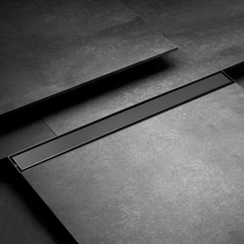 28 inch Linear Shower Drain with Removable Square Hole Panel by Using 304 Stainless Steel Process, Linear Drain Equipped with Adjustable Feet and Hair Strainer（Matte Black Color）