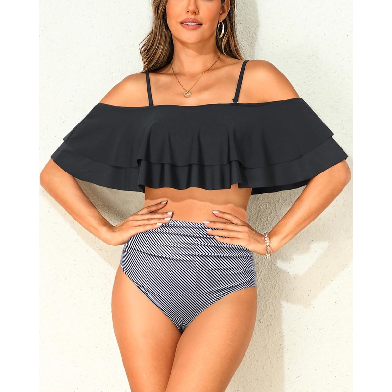 Tempt Me Women Two Piece Off Shoulder Ruffled Flounce Crop