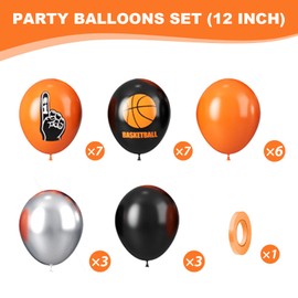 Basketball Balloons, 12 Inch Orange Black Metallic Silver and Basketball Printed Latex Balloons for Sport theme Party Basketball All Star Space jam Birthday decorations