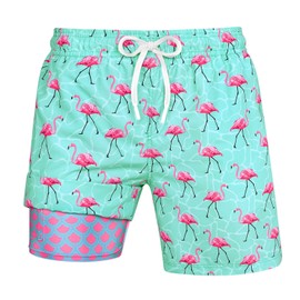 Uideazone Mens Board Shorts Pink Flamingo Swim Trunks With Compression Liner Boxer Brief Lined Summer Beach Swimwear With Phone Pocket S