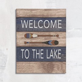 Welcome To The Lake Canvas Wall Art Prints Artwork Signs Framed for Lake Porch Wall Decor Home Room Bathroom Decor, 11X14 inch, Housewarming Gift,Lake Cabin Paddle Canvas Wall Decor, Lake Lover Gift
