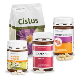 Sanct Bernhard Immunpaket | Immunkomplex-Kapseln, Manuka-Propolis-Pastillen, Lactopro-Kapseln & Cistus-Kraut