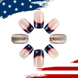 24PCS 4th of July Press On Nails Short Square Fake Nails Independence Day Blue French Tip Press on False Nails with Star Dot Print Designs Glossy Acrylic Full Cover Glue on Stick on Nails for Women