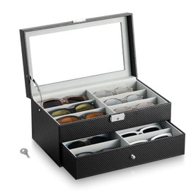 MoKo Sunglasses Organizer with 12 Slots, 2-Layer Leather Sunglass Display Collection Holder Case with Drawer Clear Glass Lid, Lockable Eyeglass Glass Jewelry Watch Storage Box for Women Men, Black