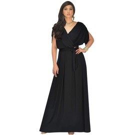KOH KOH Womens Long Semi-Formal Short Sleeve V-Neck Full Floor Length V-Neck Flowy Cocktail Wedding Guest Party Bridesmaid Maxi Dress Dresses Gown Gowns, Black XL 14-16