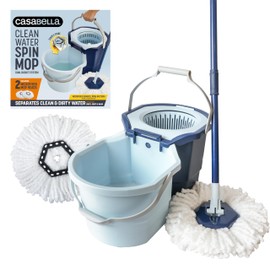Casabella Spin Mop System with Extra Mop Head Refill - Two-Bucket Design with Splash Guard Built-in Measuring Cup and Scraper Tool with Easy Wring Pedal Spinner, 1.25-Gallon, Blue