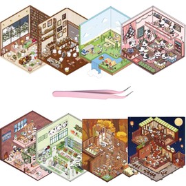 PACIOCEAN 8 Sets 3D Sticker Scene，Cute Cartoon Scenery Stickers，Make Your Own House Stickers，for Relief Stress Pass The Time(with Tweezers)