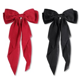JIXKLYS 2 PCS long Tail hair Bow Ties, Red Bow for hair, Bow Hair Clips for Women, Metal Spring Clip Vintage Silk Headbands,Big Satin French Style Headdress Hair Ties