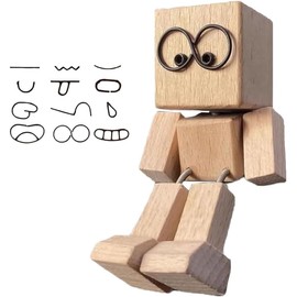 Xiangqianzou Shaking Wooden Man Fiqurine, Wobbling Wooden Man, Wooden Shaker Man, Charming Small Wooden Figure, Handmade Car Dashboard Decor with Magnetic Facial Expressions