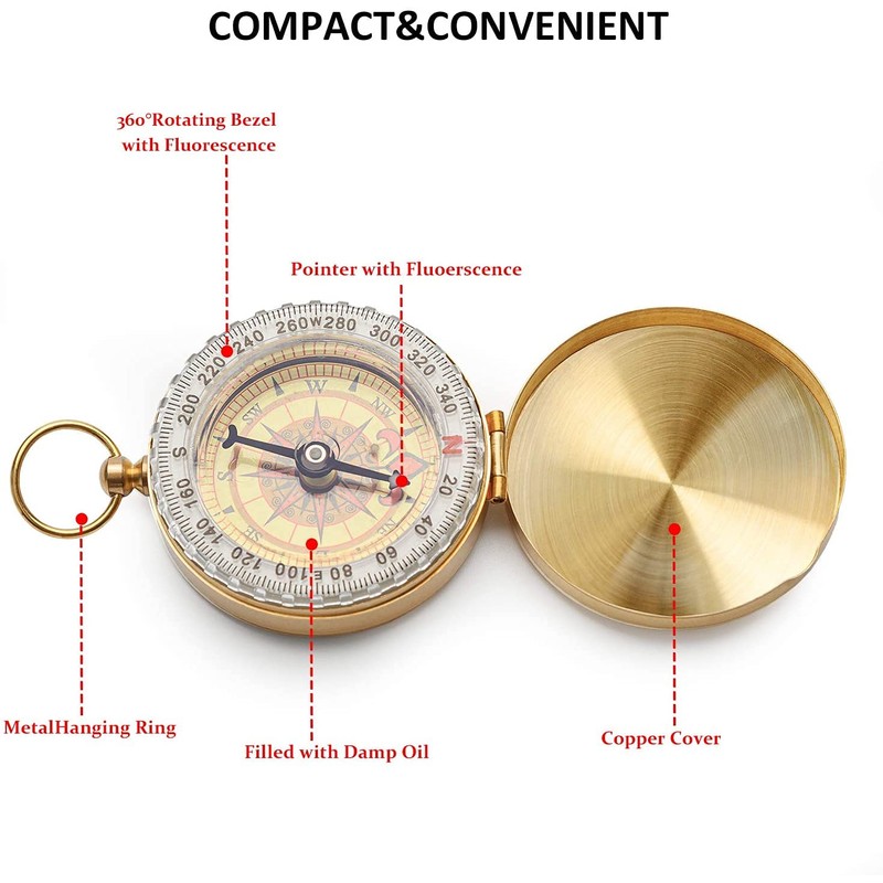 Camping Survival Compass, Classic Pocket Style Metal Copper Clamshell Compass,