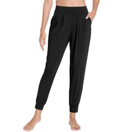 DREAMHALO Bamboo Viscose Women's Pajamas Pants Casual Joggers Pants Wide Waisted with Pockets Soft Yoga Bottoms Black M