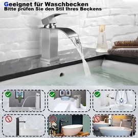 Djedjeo Waterfall bathroom tap; washbasin tap; washbasin mixer tap; hot and cold spout quiet; bathroom tap brass stainless steel (brushed)