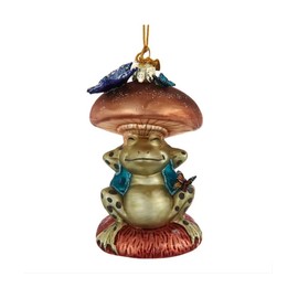 The Bridge Collection 4" Whimsical Glass Frog with Mushroom Ornament - Woodland Fairytale Frog with Toadstool Christmas Ornament