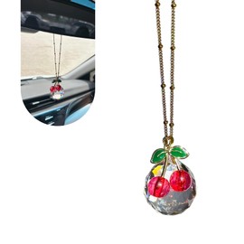MLY Cute Cherry Car Mirror Decor Accessories, Hippie Sparkly Crystal Suncatcher Rear View Mirror Hanging, Cherry Diamond Interior Hanger Decoration, Car Accessories for Women