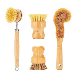 SAMEBUTECO Bamboo Dish Brushes Sets 4 Tools in One Kitchen Clean Dish Scrubber for Pots Pans Bottles with Natural Bristles (Bamboo Brushes Sets)