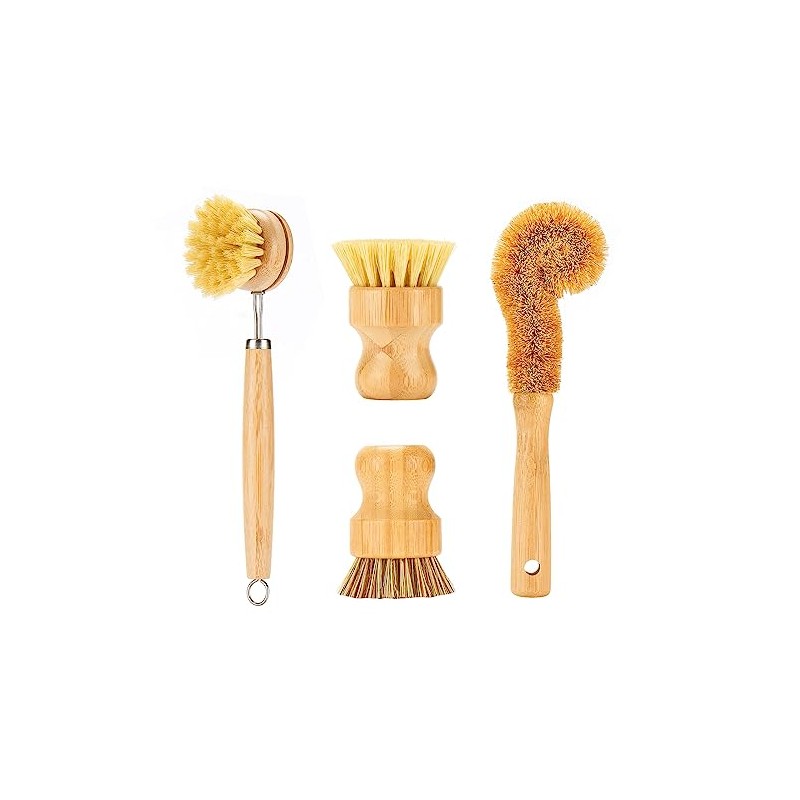 SAMEBUTECO Bamboo Dish Brushes Sets 4 Tools in One Kitchen