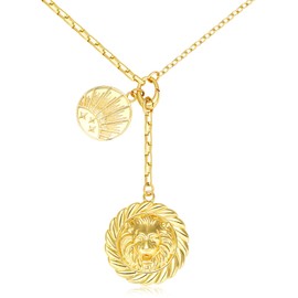 BONJOULRY Chunky Gold Lion Medallion Charm Sun Coin Pendant Necklace for Women 18K Gold Plated Dainty Paperclip Link Chain Choker Necklaces Trendy Celestial Jewelry Holiday Gift, 16.54 Inch, Metal, No