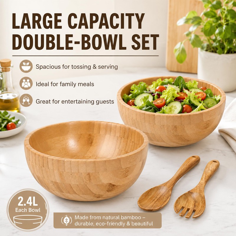 2 Sets Wood Salad Bowl with Spoons Forks, Large Natural