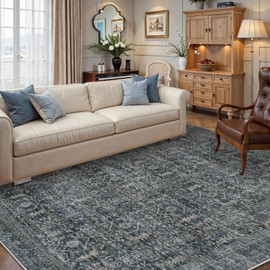 Collive Washable Area Rug 8x10, Vintage Distressed Rugs for Living Room Rugs 8x10 Non Slip Modern Bedroom Carpet Stain Resistant Aesthetic Print Accent Floor Mat for Dining Office - Blue/Grey