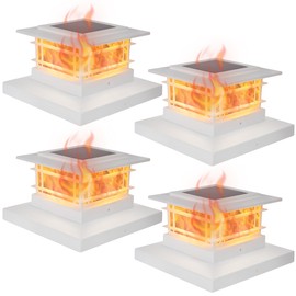 Dynaming 4 Pack Solar Post Cap Lights Outdoor with Flickering Flame Light, White Shell Fence Post Solar Lights Fit 4x4 5x5 Vinyl/Wooden Posts, Brightness LED Lighting Decor for Garden Deck Patio