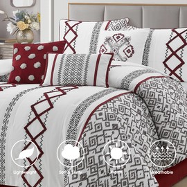 LANCO MODERN LIFESTYLE White Red King Comforter Set, 7 Pieces All Season Bedding Sets in a Bag with Geometric Terry Embroidered Comforter, Bed Skirt, Pillow Shams and Decorative Pillows