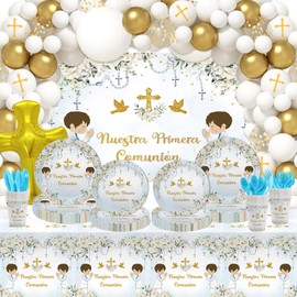 MEHOFOND 263Pcs Nuestra Primera Comunión Baptism Party Decorations Christening Backdrop Plates Cups Tablecloth Balloons God Bless Party Supplies Serve 24