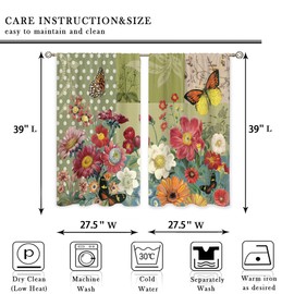 oolygoo Spring Summer Vintage Flower Small Kitchen Curtains Green Floral Botanical Window Treatment Rustic Plant Cafe Short Window Curtains for Bathroom Dining Room Tier Treatment Drapes 27.5x39 inch