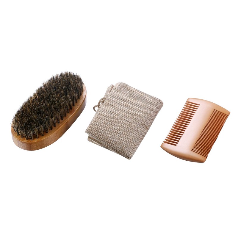 JewelryWe Men's Beard Care Set, Beard Brush with Boar Bristles